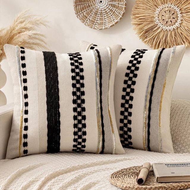 ANRODUO Pack of 2 Boho Decorative Throw Pillow Covers 18x18 Farmhouse Cushion Case Striped Chenille Pillow Cases Square Pillow Covers Accent Neutral Pillowcase for Sofa Couch Bed, Black Stripe