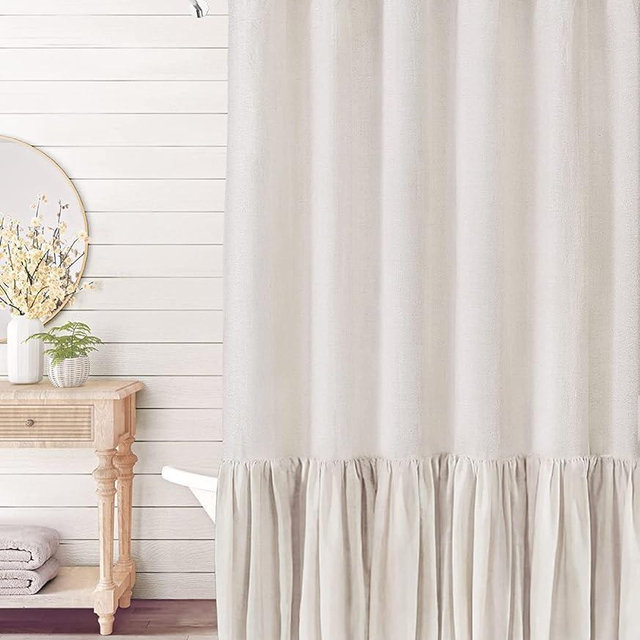 Farmhouse Shower Curtain with A Ruffle Hem, Cream Linen Shower Curtain for Bathroom,Natural,72"x84" 12 Hooks