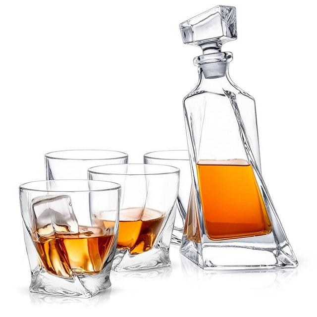 JoyJolt Atlas 5-Piece Crystal Whiskey Decanter Set,100% Crystal Bar Set, Crystal Decanter Set Comes With A Scotch Decanter-22 Ounces And A Set Of 4 Old Fashioned Whiskey Glasses-10.8 Ounces.