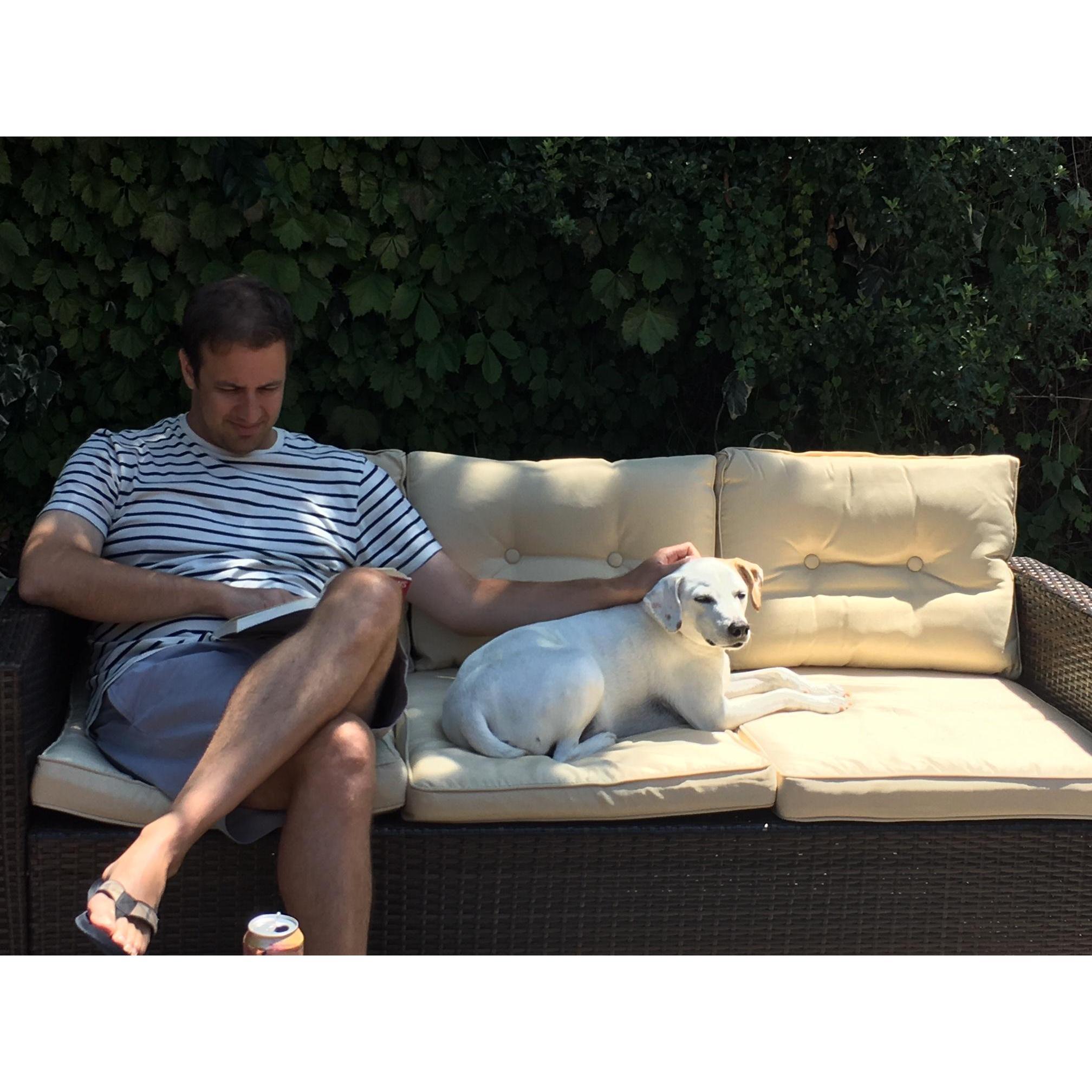 David being scholarly and reading a book with Maxwell (Taryn's sister's dog she has tried to steal on many occasions).  In case you were wondering, Max WILL be making an appearance at the wedding!