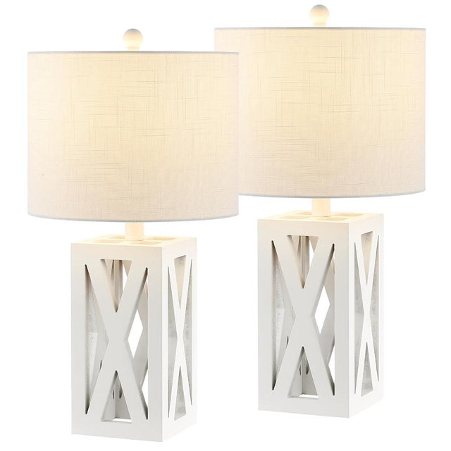 JONATHAN Y 21.5" White Farmhouse Wood Table Lamp for Bedside and Living Room, White Linen Drum Shade, Rustic Modern Desk Lamp for Bedroom, LED Bulb Included (JYL1062B-SET2)