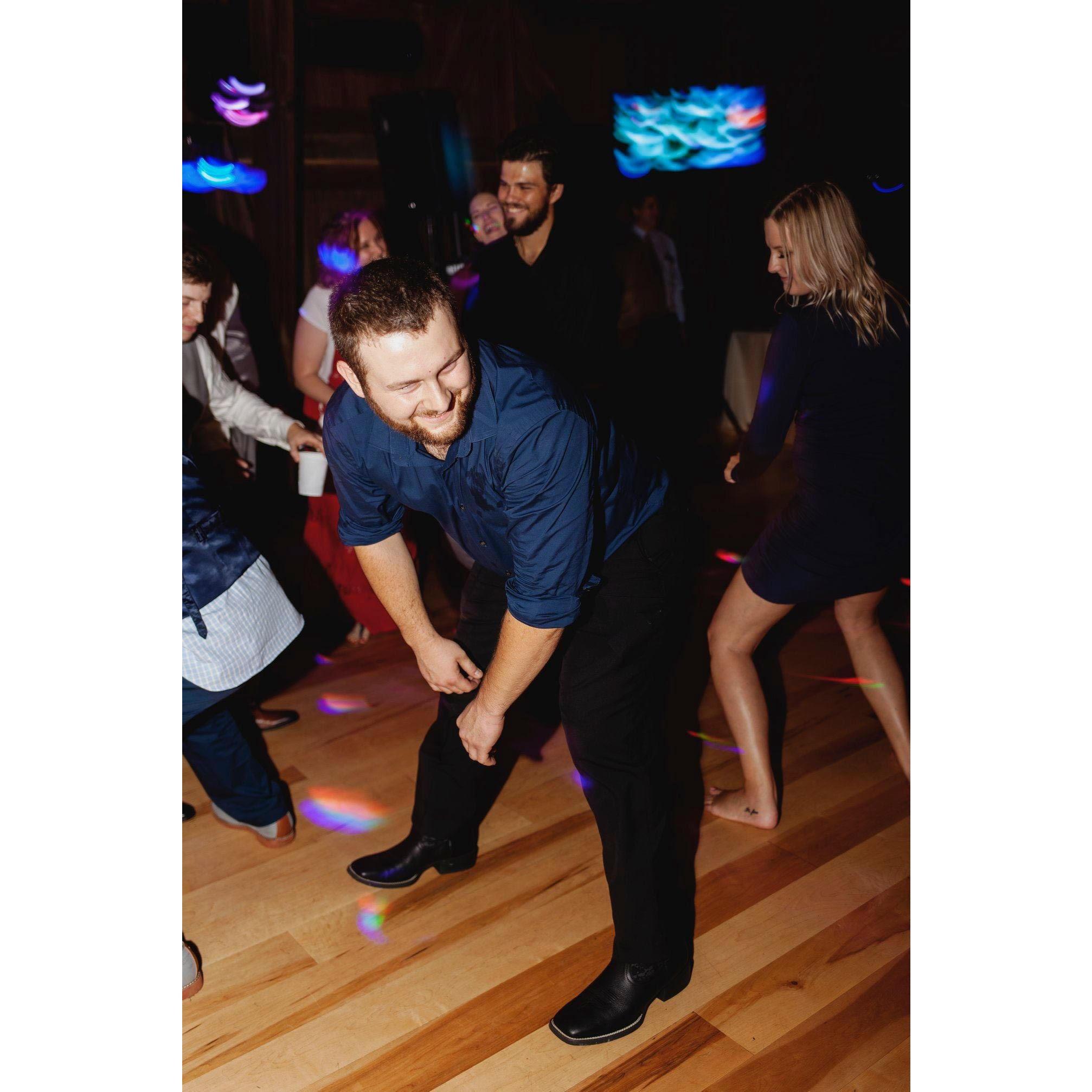 Busting out some moves at a friend's wedding, you'll see these same moves during our reception.