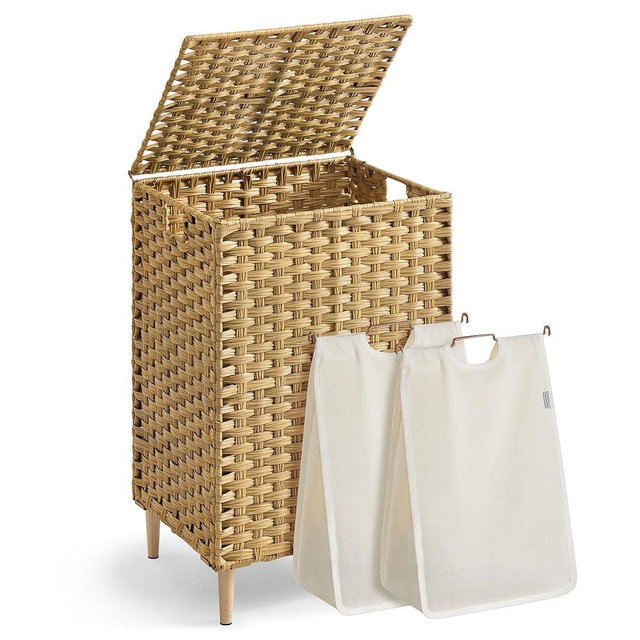 SONGMICS Laundry Hamper with Lid, 29 Gal. (110 L) PE Rattan Laundry Basket with Lid and Handles, Natural Material,Removable Machine Washable Liner, Goose Yellow ULCB222YE01