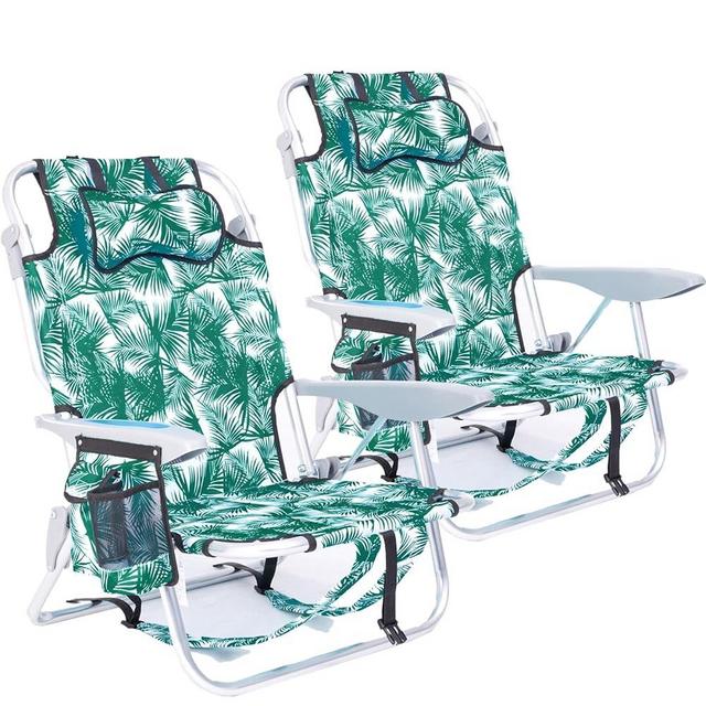 Canpsky 2 Pack Lightweight Portable Camping Beach Chair for Adults, Outdoor Lay Flat Folding Beach Chairs with 4 Positions, Backpack Beach Chair with Towel Bar, Cooler Pouch, Cup Holder, Green Leaves