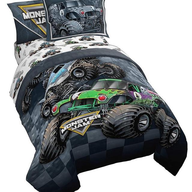 Jay Franco Monster Jam Slash 5 Piece Twin Bed Set - Includes Reversible Comforter&Sheet Set-Bed Set Features Grave Digger&Megalodon-Super Soft Fade Resistant Microfiber