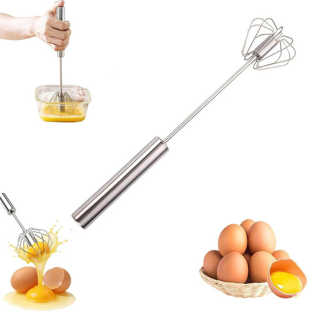 Stainless Steel Semi-Automatic Whisk, New Stainless Steel Egg Whisk Hand Push Spinning Whisk, Versatile Egg Whisk Stirrer Tool for Making Cream, Whisking (Silver, 14inch)