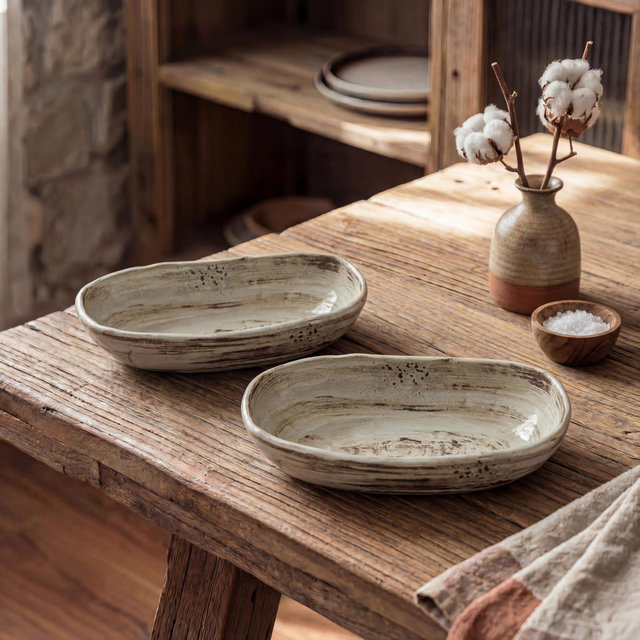Japanese Wabi-Sabi Oval Ceramic Bowl 9 Inch | Handmade Rustic Stoneware Serving Bowl | Minimalist Ceramic Dish | Artisan Pottery Tableware