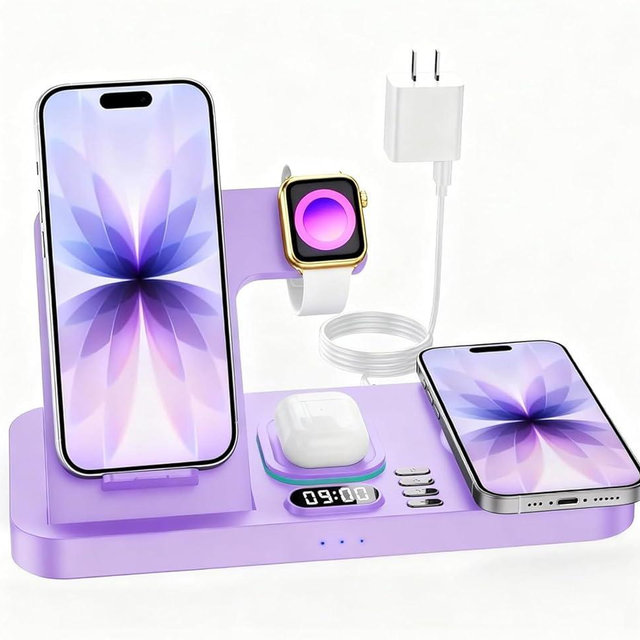Dual Phone Wireless Charging Station for Apple Devices, Magnetic Charging Station for iPhone with Auto Switch 7-Color Light&Clock, Family Watch Charger for iPhone17 for iWatch11 for AirPods Pro3(Lilac