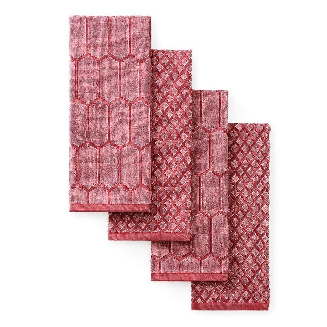 Martha Stewart Honeycomb Chambray Textured Kitchen Towel 4-Pack Set, 100% Cotton with Absorbent Terrycloth, Decorative Kitchen Towels, Red, 16"x28"
