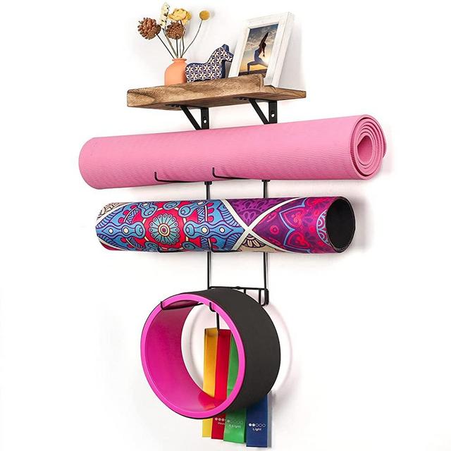 Yoga Mat Holder Wall Mount Yoga Mat Storage Home Gym Accessories with Wood Floating Shelves and 4 Hooks for Hanging Foam Roller and Resistance Bands at Fitness Class or Home Gym Carbonized Black