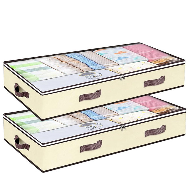 90L Under Bed Storage Containers, Underbed Toy Organizers and Clothing Storage Bags, Closet Storage Bins with Clear Window for Organizing Blanket Comforter Bedding Clothes Bedroom Dorm, 2 Pack Beige