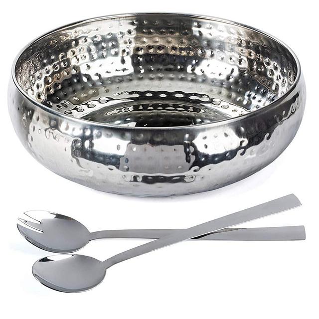 Salad Bowl and Serving Utensils - Hammered Detailing - Stainless Steel - Luxurious Serving Bowl 12" - By Colleta Home
