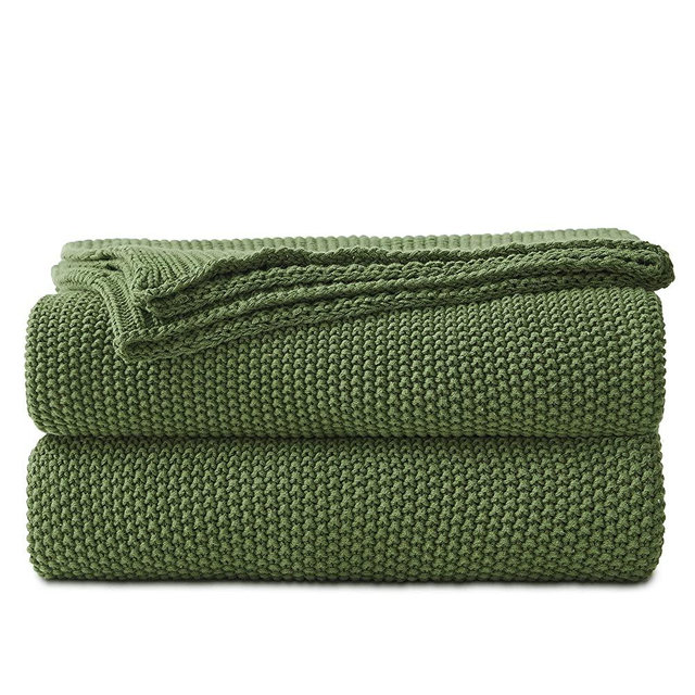 Longhui bedding Olive Green Cotton Cable Knit Throw Blanket for Couch Sofa Bed, Home Decorative Lightweight Knitted Blankets with Bonus Laundering Bag, 50“ x 60”, Machine Washable