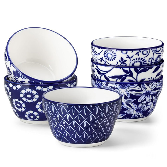 vancasso Small Bowls Set of 6, 8 Oz Ceramic Dessert Bowls, Porcelain Ice Cream Bowls for Yogurt, Soup, Snacks, Dipping Sauce, Microwave and Dishwasher Safe, Blue and White Serving Bowls, Series Selene