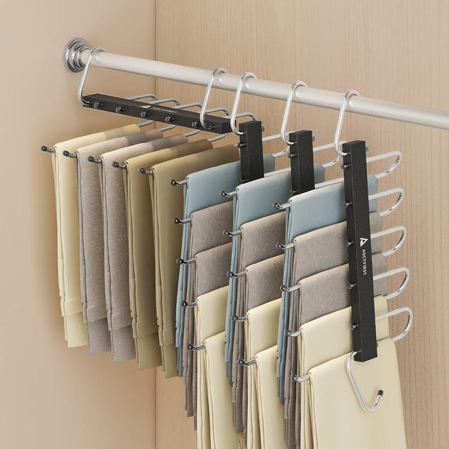 4 Pack 5 Tier Space Saving Hangers, Stainless Steel Black Closet Organizer for Pants, Jeans, Skirts, Scarves - Durable & Heavy Duty