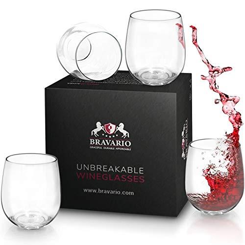 Unbreakable Stemless Wine Glasses Set of 4 Shatterproof Non-Breakable No Stem Tritan Plastic Outdoor Drinkware Tumbler Cups Dishwasher-Safe Goblets for Pool Parties Camping (4, 16 oz) by Bravario