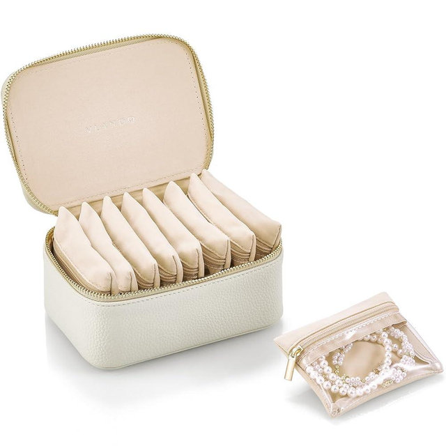 VLANDO Jewelry Case with 8 Velvet Jewelry Bags Jewelry Travel Organizer Box for Mothers Day Mom Gifts, Jewelry Box for Rings Earrings Brides Gifts Birthday Gifts (White)