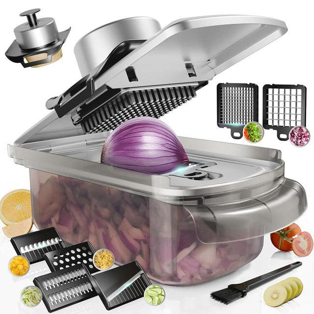 Vegetable Chopper Stainless Steel, 9-in-1 Mandoline Food Slicer for Kitchen, Veggie Chopper with Container, Vegetable Cutter for Salad,Potato,Carrot, Onion and Fruit, Home Essentials