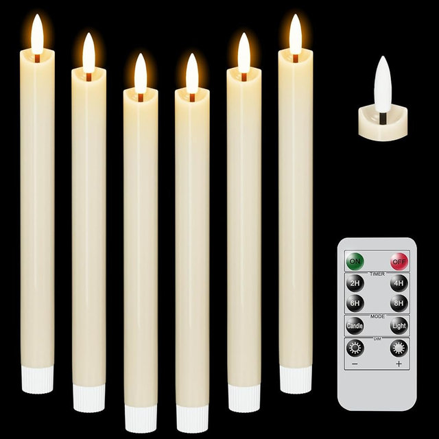 Eldnacele Battery Operated Flameless Taper Candles with Remote Timer Set of 6 Ivory Real Wax LED Flickering Taper Candles 3D Wick Long Lasting Dinner Wedding Christmas Holiday Decor(0.78"D x 9.64"H)