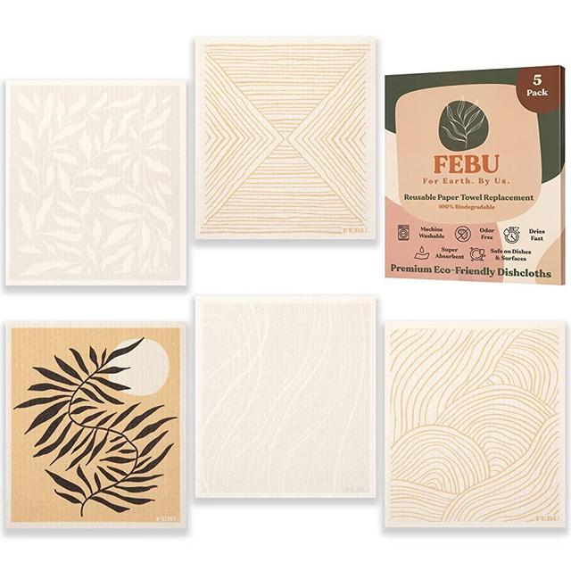 FEBU Swedish Dishcloths for Kitchen | 5 Pack Abstract Swedish Dish Towels | Cellulose Sponge Cloths | Non Scratch Reusable Paper Towels | No Odor, Biodegradable and Reusable Kitchen Dish Rags
