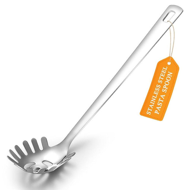 Spaghetti Spoon, ReaNea Pasta Server, Stainless Steel Pasta Spoon with Teeth, One-Piece Metal Pasta Fork, Noddle Fork Kitchen Utensils, Heat Resistant, Dishwasher Safe, Easy to Clean
