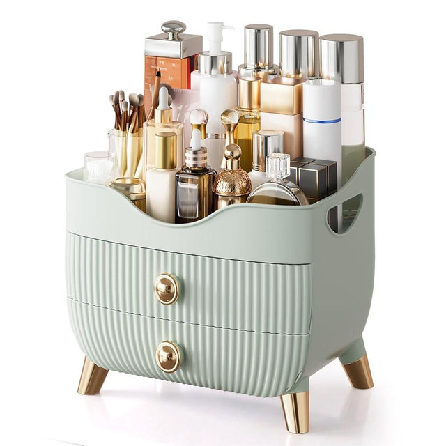 Makeup Organizer for Vanity, Large Capacity Skincare Cosmetic Organizer Countertop with 2 Drawers, Cosmetic Display Cases Makeup Storage Box for Bedroom, Bathroom, Ideal Gifts for Women(Green)