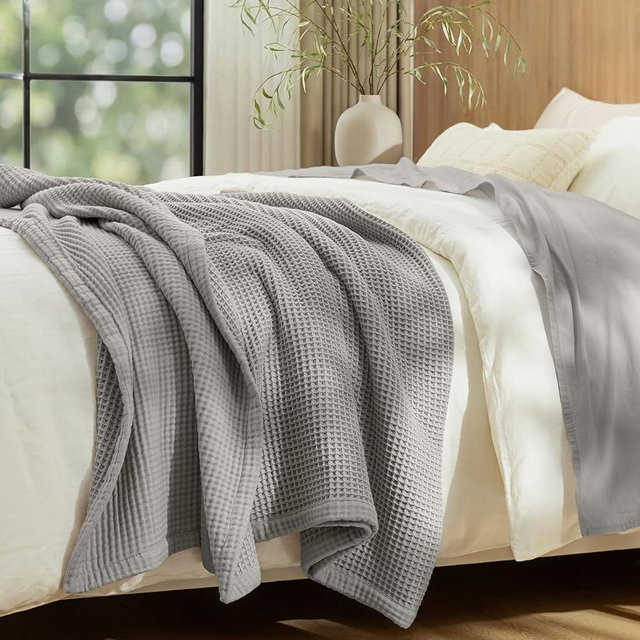 PHF 100% Cotton Waffle & Muslin Throw Blanket Large, Soft Breathable Luxury 400GSM Versatile Reversible Bedding for Couch, Great for Layering in Cold Weather, Home Decor Gift, 50" x 70", Frosted Grey
