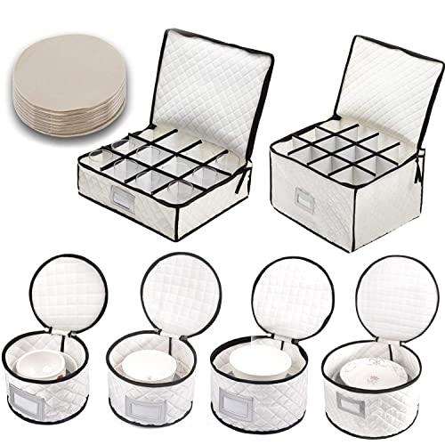 Complete Dinnerware Storage Set #1 Best Protection for Storing or Transporting Fine China Dishes Coffee Tea Cups Wine Glasses Includes 48 Felt Protectors for Plates