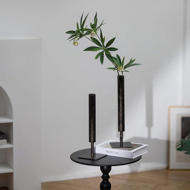 Sziqiqi Black Metal Vase Set - 15.5/13.8in Tall/Short Rectangular Vases, 2 Pcs Modern Home Decor for Living Room, Bedroom
