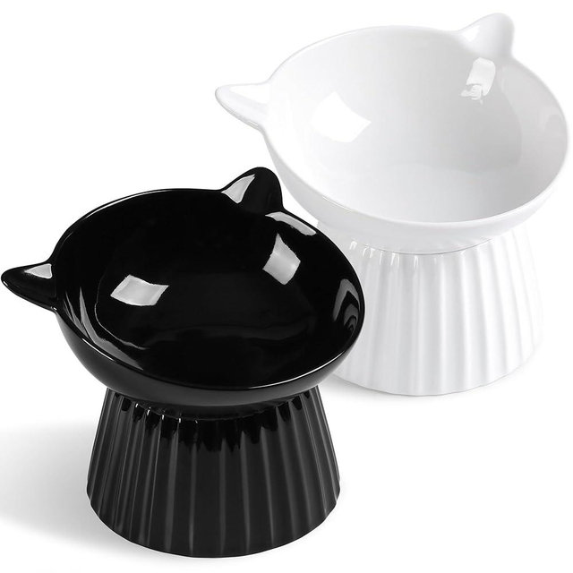 Wellbro Ceramic Raised Cat Bowl，Tilted Raised Bowl Anti Vomit Bowls for Indoor Cats Whisker Friendly Pet Feeder for Cats Puppies, Microwave and Dishwasher Safe