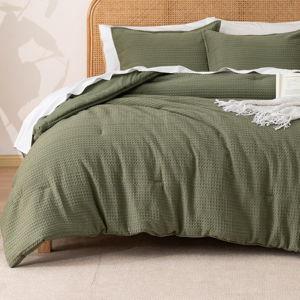 PHF Soft Waffle Comforter Set Queen Size- Comfy Breathable Waffle Weave Comforter with 2 Pillow Shams, 3 Pieces Less Snagging Lightweight Textured Bedding Set for All Season, Olive Green