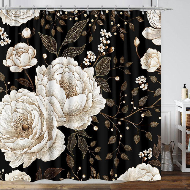 Black and Gold Shower Curtain, Dark Roses Leaves Botanical Aesthetic Boho Floral Shower Curtain for Bathroom with Hook, Vintage Rose Gold Flowers Fabric Unique Chic Shower Curtain Set with Hooks 72X72