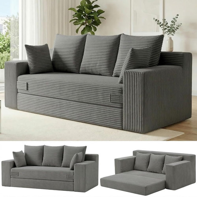 Boneless Couch for Living Room, 3 Seater Convertible Futon Sofa Bed Comfy Pull Out Couch with 5 Pillows & Detachable Washable Cover, Upholstered Floor Sofa in A Box, No Assembly Required, Grey