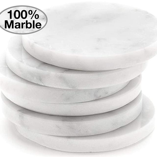 White Carrara Marble Stone Coasters For Drinks, Set of 6, With Holder | Perfect Housewarming Gift, Wedding Gift, or For Your Kitchen, Living Room, Coffee Table Decor