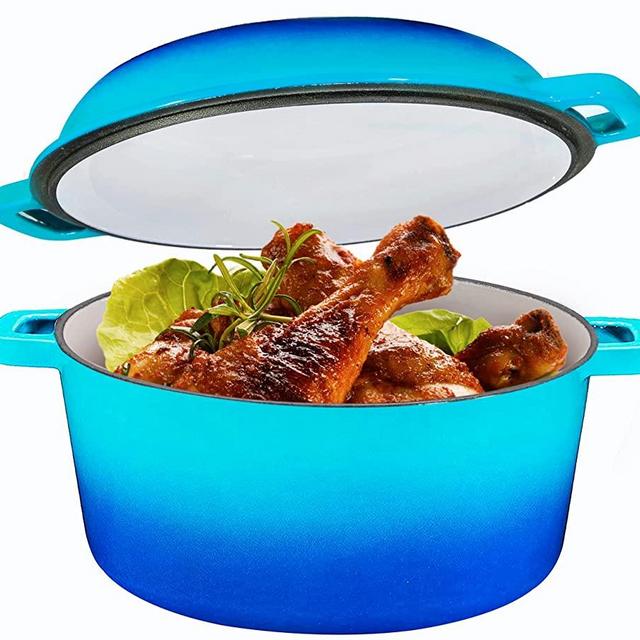 2 in 1 Enameled Cast Iron Double Dutch Oven & Skillet Lid, 5-Quart, Induction, Electric, Gas & In Oven Compatible, Caribbean