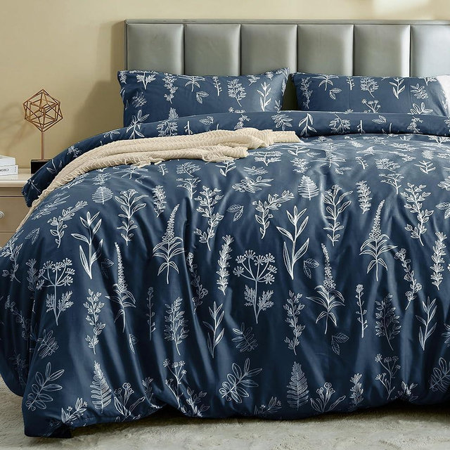 MUXHOMO Duvet Cover Queen Size, Reversible Floral Navy Duvet Cover Set with Zipper Closure, 3 Pieces Botanical Patterns Soft Microfiber Bedding Set with 4 Ties (90"x90", 2 Pillow Cases)
