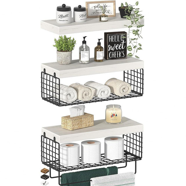 KLUVIS Bathroom Floating Shelves Over Toilet - Shelf Above Toilet Storage Small Farmhouse Decor Shelves (15.7 inch, Set of 3, Distressed White and Black)