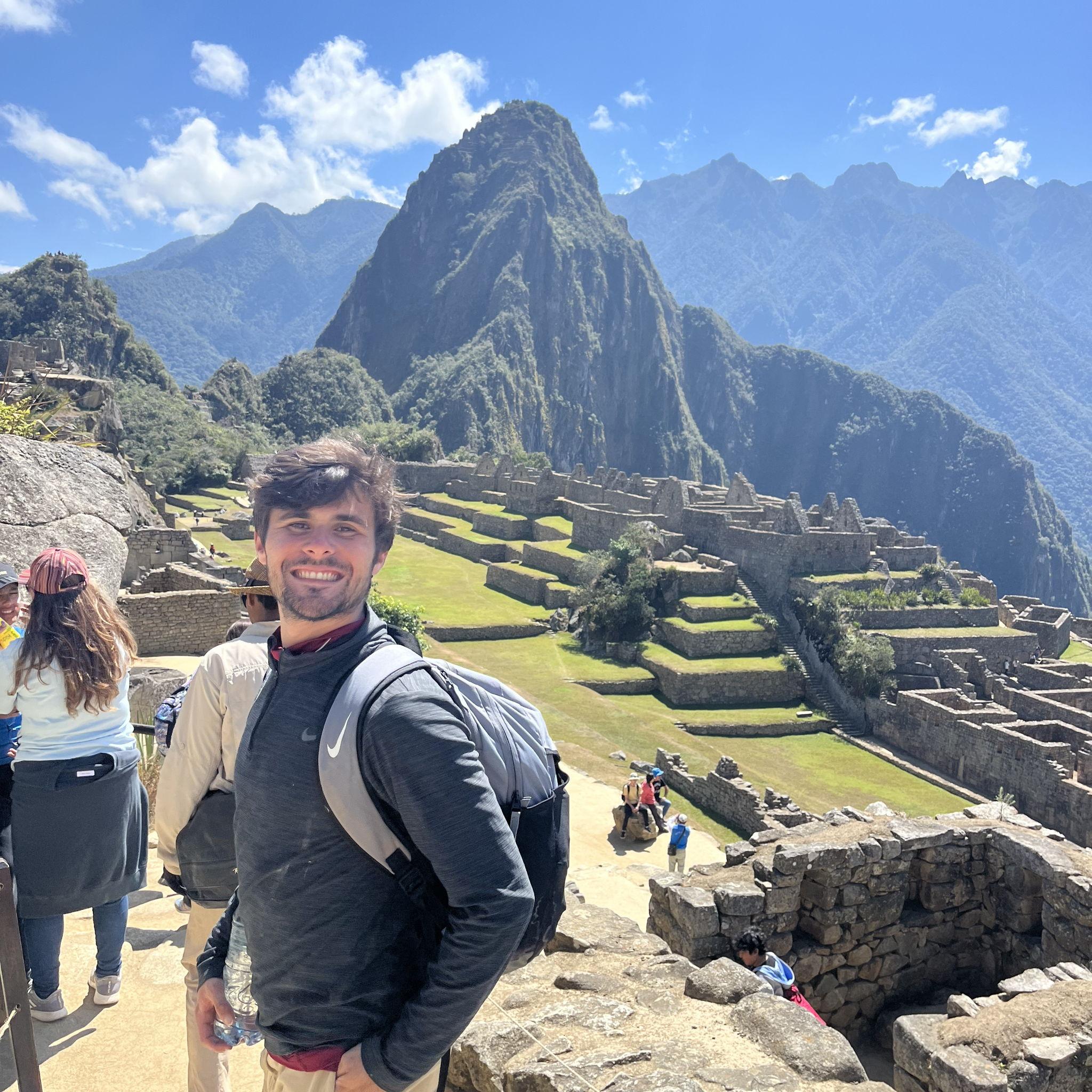 James smiling at his first world wonder, Macchu Pichu!