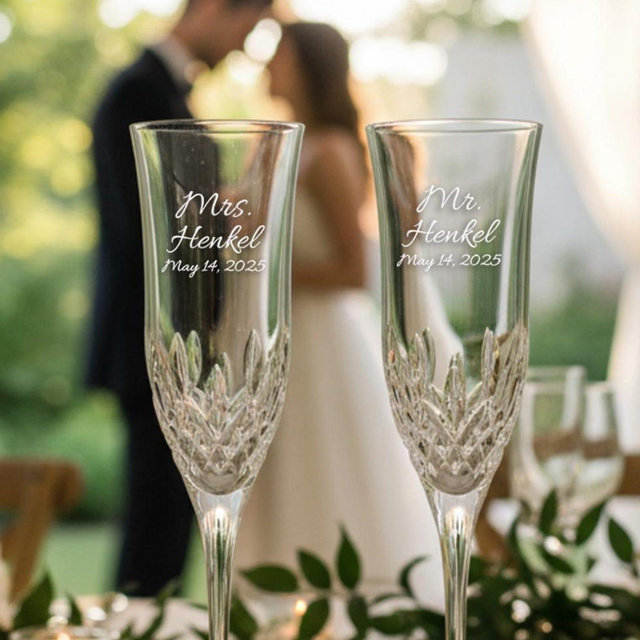 Engraved Wedding Champagne Flutes – Waterford Lismore Essence Crystal Toasting Glasses, Personalized Set of 2 for Bride & Groom