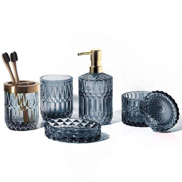 EMPO 6PCS Bathroom Clear Glass Accessories Set (Lotion Soap Dispenser, Soap Dish, Toothbrush Holder, Tumbler, Cotton Swab Jar) Contemporary Modern Decor Crystal Clear Vintage Gift (6pcs Blue)