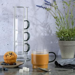 Soho Lounge 4-Piece Stackable Glass Mug Set with Rack