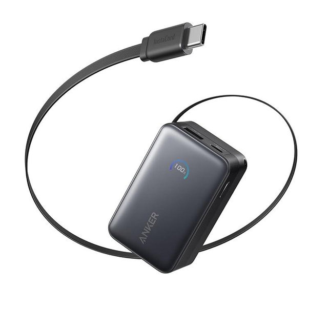 Anker Nano Power Bank, 10,000mAh Portable Charger with 2.3 ft InstaCord Retractable Cable, 45W Max Compact Battery Pack, Smart Display, for iPhone 16/17 Series, iPad, Galaxy, Pixel, and More