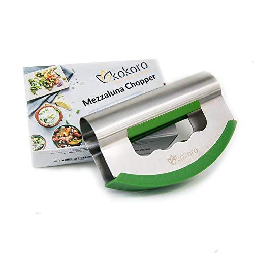 2Kokoro Mezzaluna Salad Chopper Double Blade-Stainless Steel Mezzaluna Knife-Protective Cover-Ergonomic Handle-Double Blade Salad Cutter-Rocking Knife Chopper Vegetable-Mincing Herb for Quick Salad