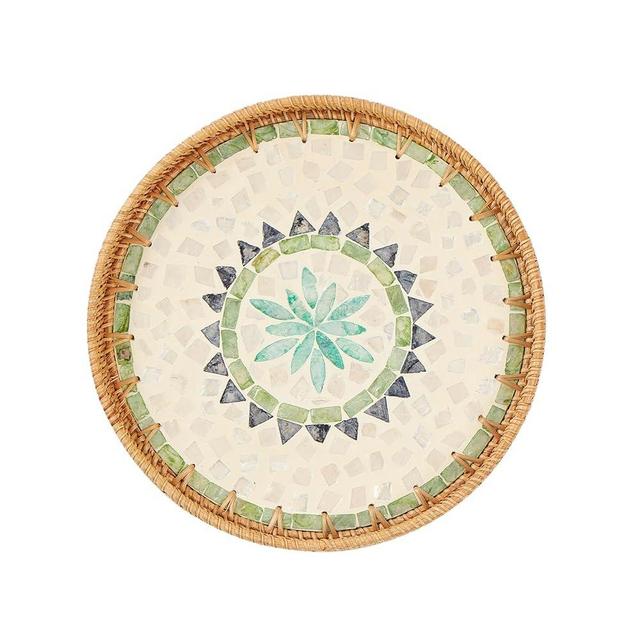 Kmelep Round Rattan Tray with Mother of Pearl Inlay, Rattan Serving Tray with Wooden Base, Decorative Wicker Basket for Table Decor, Storage and Display of Coffee Bread Food Fruit (Bohemia)