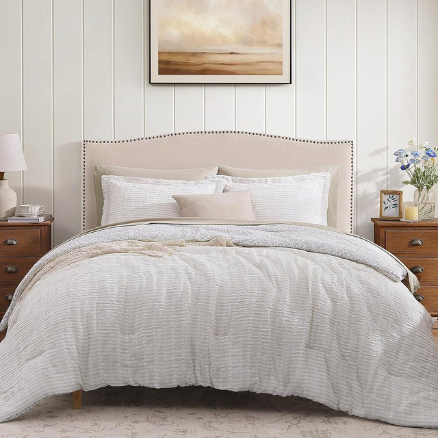 BLOOMHAVEN King Comforter Set - 7 Pieces Beige Gauze Muslin Bedding Sets for All Seasons, Lightweight Breathable Bed in a Bag King with Revesible Farmhouse Comforter, Sheets, Pillowcases & Shams