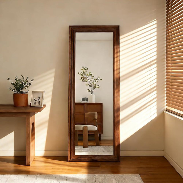 ZHUNFA Full Length Mirror,65x22 Inch Full Length Mirror Wall Mounted,Vertical Hanging,Leaning Standing for Bedroom,Living Room,Rectangular Wooden Frame,Wood Brown Color.