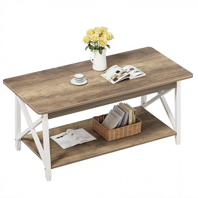 GreenForest Coffee Table with Round Corner, 39.4'' Modern Living Room Table with 2 Tier Storage Shelves, Rustic Industrial Sturdy Center Table Space Saving Easy Assembly, White Gray Wash