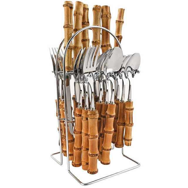 Snplowum 25-PIECE Stianless Steel Tableware Set, Natural Bamboo Silverware Set With Rack, Nice Weight Cutlery Stand Hanging Storage,Service For 6, Mirror Silver