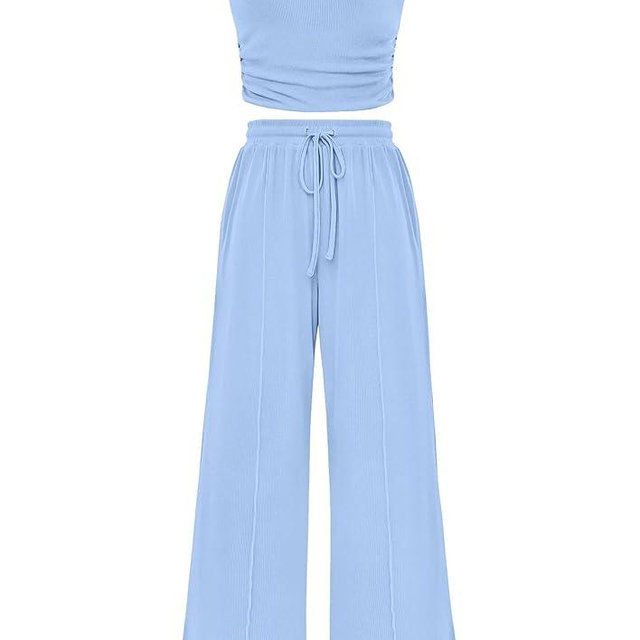 PRETTYGARDEN Womens Summer Outfits 2 Piece Sets Casual Ribbed Knit Crop Tube Top Wide Leg Pants Spring Matching Lounge Set