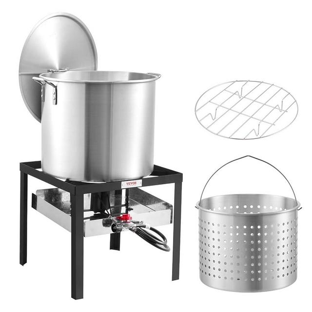 VEVOR 60 Qt Seafood Boiling Kit with Strainer, Outdoor Seafood Boil Pot and Basket, Cooking Set for Crab Crawfish Lobster Boiling, Aluminum Stockpot with 100,000 BTUs Propane Burner and Steamer Rack